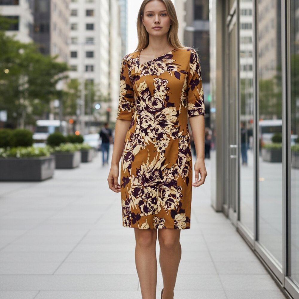 Vintage Etcetera Floral Dress Women's M Brown Lined Short Sleeve Fitted Back Zip